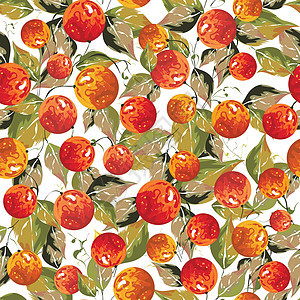 用树叶装饰的热带时令水果无缝酒泉写意装饰品手绘涂鸦橙子艺术品浆果纺织品包装墙纸图片
