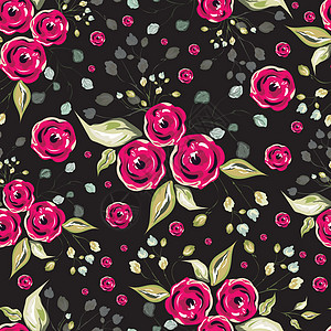 在黑色背景上装饰的红色月季花 蓬勃发展的缝纫机艺术草图推介会装饰品玫瑰写意打印纺织品叶子风格图片