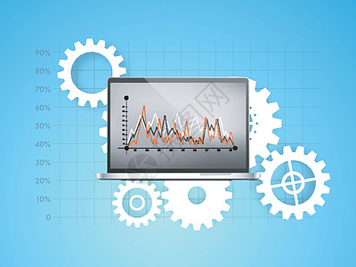 具有商业统计图的 3D 逼真笔记本电脑图片