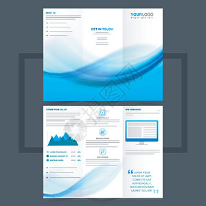带有蓝色波浪的商业三折传单或传单设计营销海浪样本海报广告出版商折叠插图推介会报告图片