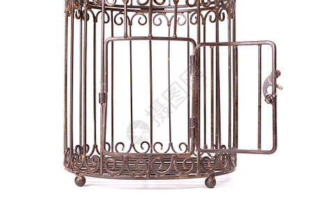 白背景上的空鸟笼雀圆形宠物栅栏金属监狱俘虏白色鸟笼图片