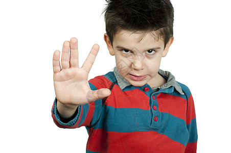 小男孩用手举起手来停下来孩子白色情感男性禁令青年孩子们控制概念对抗背景