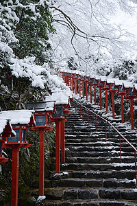 Kifune神庙冬季神社地标宗教旅游森林旅行红色游客建筑学木头图片