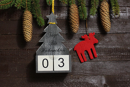 圣诞节倒计时 文本天数直到圣诞节木头木板枝条贺卡时候数字装饰倒数日历杉枝图片