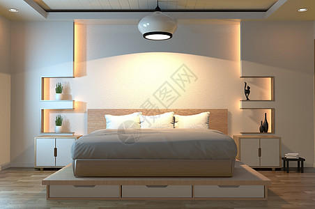 现代和平床房 日本式的带有架子墙的卧室窗户装饰房子奢华家庭酒店毯子建筑学框架风格图片