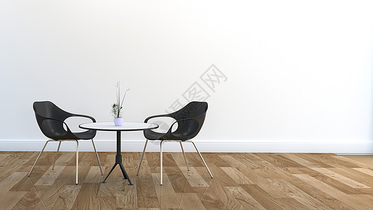 两把椅子和餐桌木地板和白墙  3D立体图片