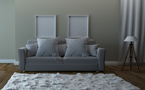 沙发和照片 空白墙背景的木地板 3灰色玻璃渲染地面房间椅子桌子流行音乐白色图片