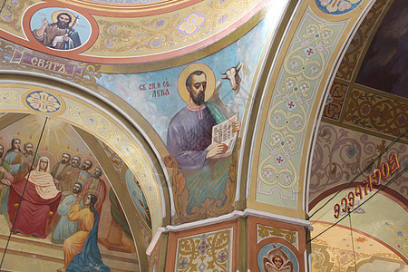 教堂墙壁上的画作教会艺术红色黄色宗教绘画古董背景图片