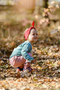 美丽的秋天 可爱的姑娘玩得开心夹克喜悦幸福快乐季节森林孩子童年晴天公园图片