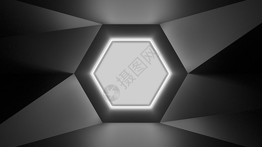 霓虹白色六角形林灯点亮的抽象几何街道建筑学创造力纹理技术阴影形状黑色隧道大厅图片