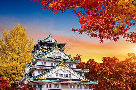 日本大阪的秋季和城堡风景蓝色文化公园花园地标季节天空历史观光图片