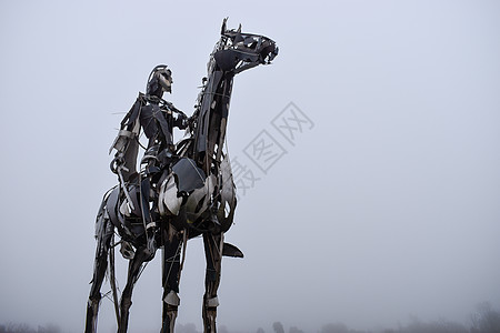 盖尔族头领雕塑看起来英勇 在爱尔兰Roscommon县Boyle附近被雾笼罩图片