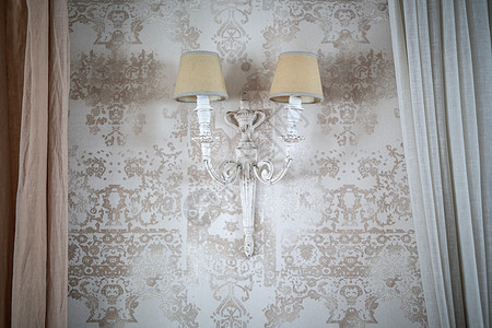 墙上的复古灯 墙纸 窗帘边缘有花卉图案家具风格桌子酒店叶子房间房子艺术装饰奢华图片