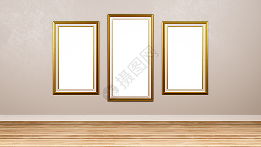Wal 的金色空相框三联画三联画插图房间金子艺术地面矩形白色空白灰色图片