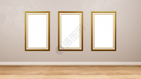 Wal 的金色空相框三联画三联画艺术灰色框架白色地面金子插图空白矩形图片