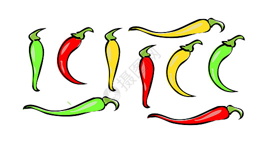 白色背景上的墨西哥墨西哥胡椒辣椒矢量图标 颜色辣椒套图片