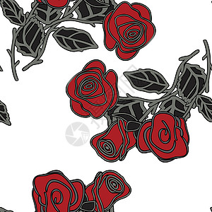 与红玫瑰的无缝模式 矢量图杂交种发芽英语卷曲曲线叶子插图漩涡装饰品藤蔓图片