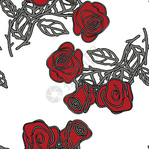 与红玫瑰的无缝模式 矢量图漩涡植物螺纹植物群装饰品叶子织物打印卷曲曲线图片
