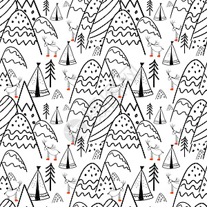 北部森林 民间风格的插图 程式化的山脉 斯堪的纳维亚版画 画线 孩子们的无缝模式纺织品卡片雪花窗帘墙纸云杉装饰邮票绘画蓝色图片
