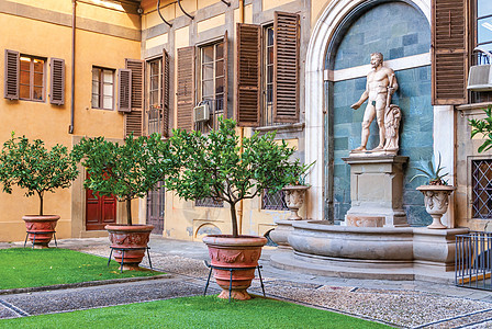 石头博物馆美第奇里卡迪宫外庭院 有一个意大利花园 有雕像和带有植物的浴缸人行道雕塑建筑石头旅行博物馆旅游大厅宽慰柱子背景
