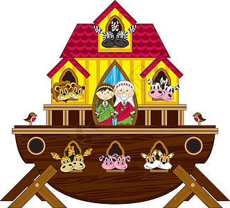 卡通诺亚方舟与动物狮子圣经宗教卡通片彩虹斑马奶牛历史背景图片
