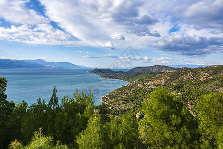 希腊梅拉格卡维海岸希腊支撑蓝色农村全景风景地平线岩石丘陵海景旅行图片