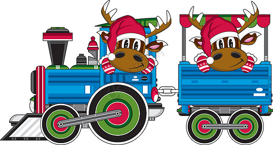 卡通圣诞老人驯鹿和 Trai轮子运输插图火车鹿角司机动物手套烟囱蒸汽图片