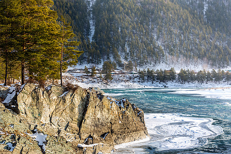 冰雪高山和山河的景象蓝色岩石森林旅行山脉树木全景天空旅游反射图片