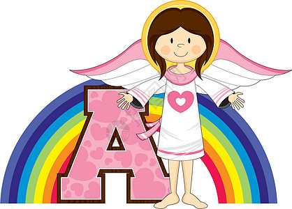 A代表Ange语言意义教育插图精神学习卡通片字母光环彩虹图片