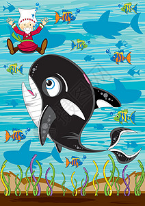 卡通约拿和鲸鱼热带鱼宗教鲨鱼圣经插图海上生活乐趣背景图片