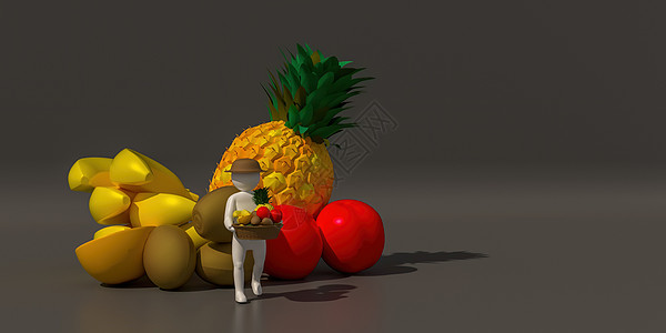 菠萝插画灰色背景上的职业符号 3d 插画组3卡通片奇异果热带菠萝饮食食物香蕉渲染甜点行动背景
