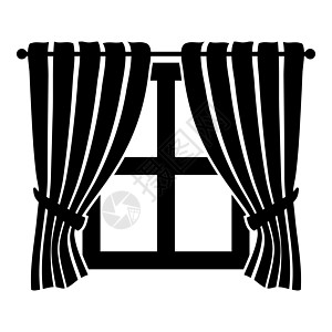 窗帘和窗户室内概念家庭窗口视图装饰在窗口图标黑色矢量插图平面样式图像上挥动窗帘图片