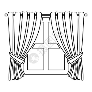窗帘和窗户室内概念家庭窗口视图装饰窗口图标轮廓黑色矢量插图平面样式图像上的波浪窗帘图片