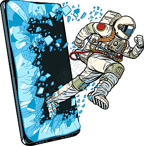 科学的在线应用程序概念 宇航员跑过智能手机障碍宇宙技术程序工具服务电话英雄太空互联网图片