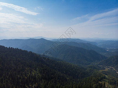 Altai山Teletskoye湖空中观视森林环境松树顶峰全景太阳旅行旅游花园天堂图片