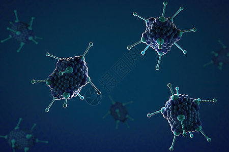 蓝色背景上显微镜 Adoeno 病毒的 3d 插图特写荒野微生物学细胞宏观技术药品渲染流感生物学细菌图片