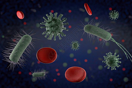 3d 插图特写微观病毒细菌和红细胞紫色微生物学微生物宏观感染生活药品墙纸流感癌症图片