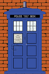 传统的英国箱式反红砖墙套件警察蓝色绘画电话插图艺术房子英语盒子艺术品图片