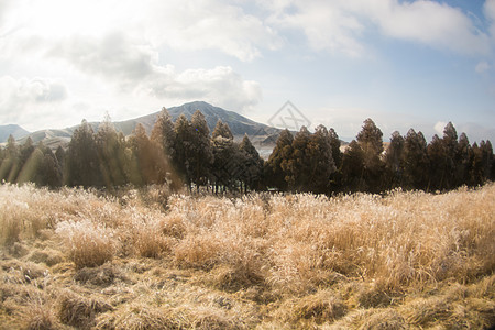 日本熊本的美南阿索景观荒野干旱旅游远足场地环境高原岩石蓝色爬坡图片