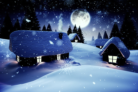 满月下雪覆盖的村庄背景主题背景图片
