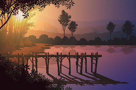 沼泽边缘的木港天然森林山脉地平线树木景观壁纸日出和日落插画矢量风格多彩景观背景图片