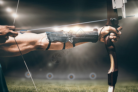 人类紧紧拉着弓的复合图象牵引手臂男性计算机男人靶心射箭肌肉运动员运动服图片