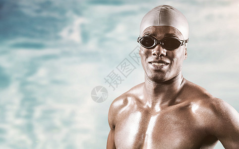 游泳者的复合图像 用手站在臀部游泳镜泳帽男性游泳池训练水池男人能力爱好闲暇图片