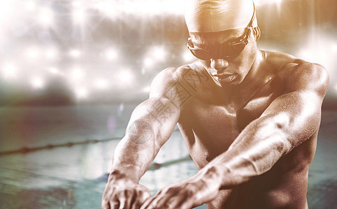 游泳运动员的复合图像准备下潜泳镜闲暇潜水训练活动男人游泳池泳帽眼镜能力图片