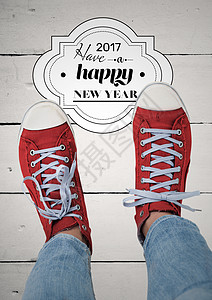 2017年新年祝愿 青少年穿红色运动鞋插图空格处坡度广告横幅跑步者标识庆典牛仔布画幅图片