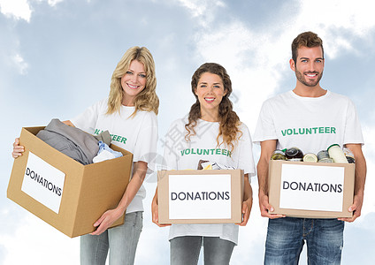 志愿人员携带捐赠箱的数码综合体数字组合社区服务收集帮助团结志愿者盒子社区服务外联捐赠背景