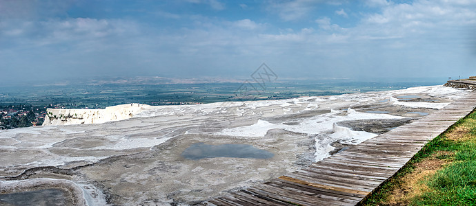 土耳其Pamukkale山顶的观察甲板城堡水池洗澡碳酸盐小路观景台编队沉思棉花全景图片