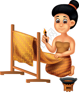 美丽的女人制作蜡染印尼民族传统面料卡通插画