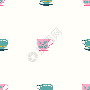 简单的无缝图案 白色和粉色复古茶杯图片