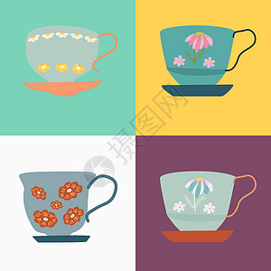 带碟子和花卉装饰的蓝色复古茶杯系列图片
